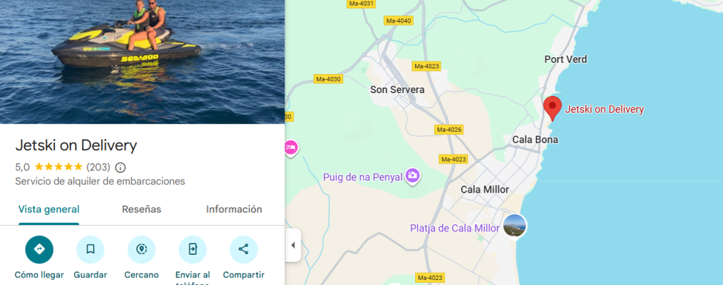Mapa de Cala Bona (Mallorca) y localización de Jetski on Delivery